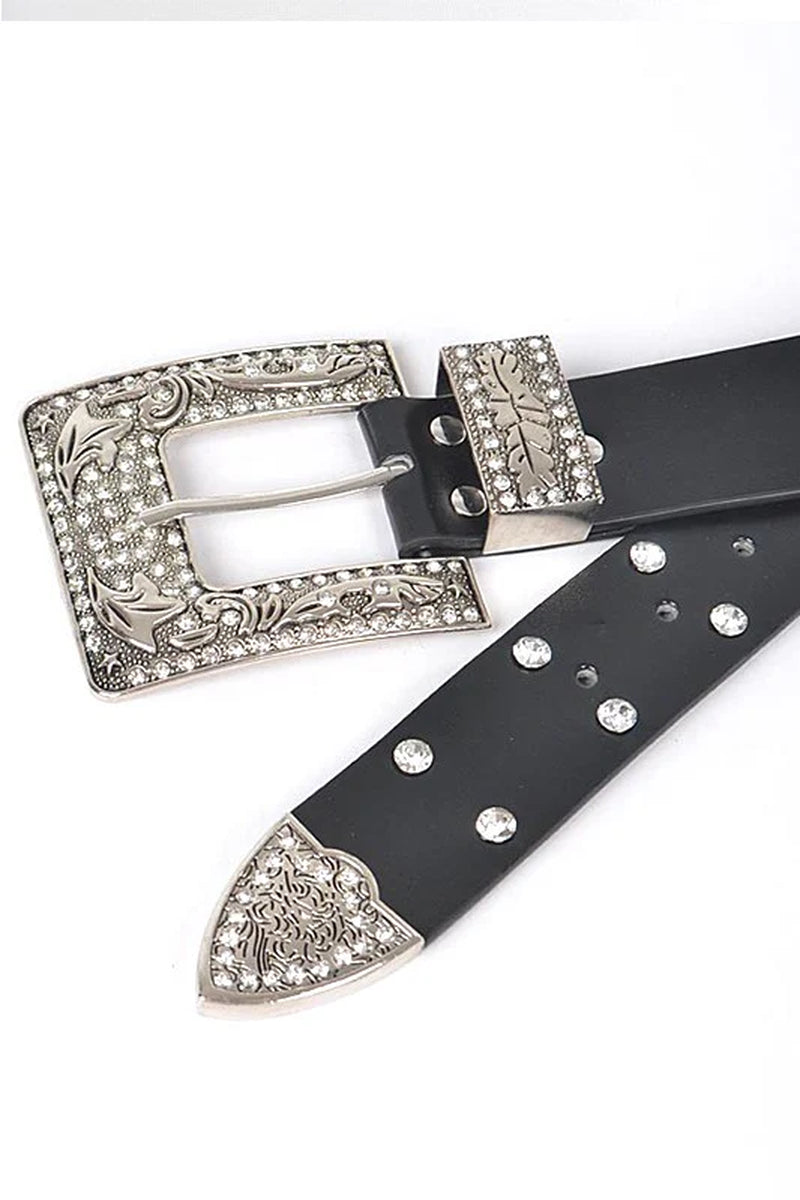 Engraved Buckle Crystal Metallic Belt