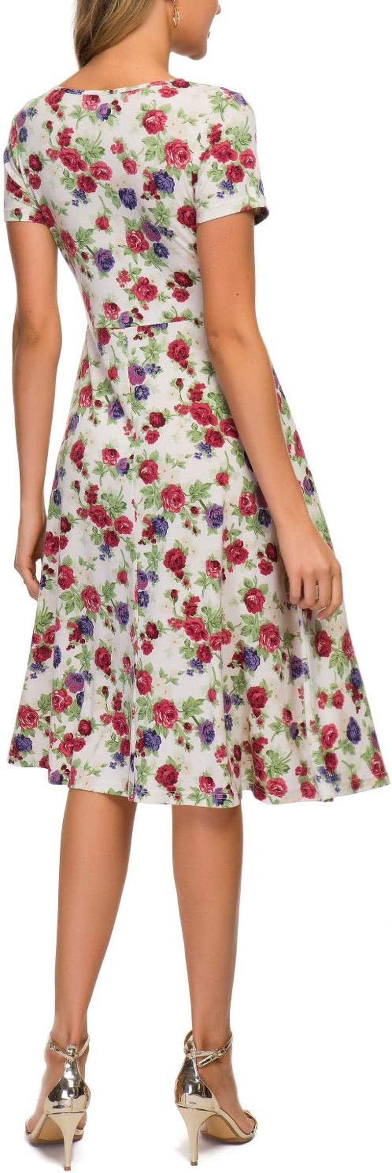 Women'S Floral Print Short Sleeve Flared Midi Dress