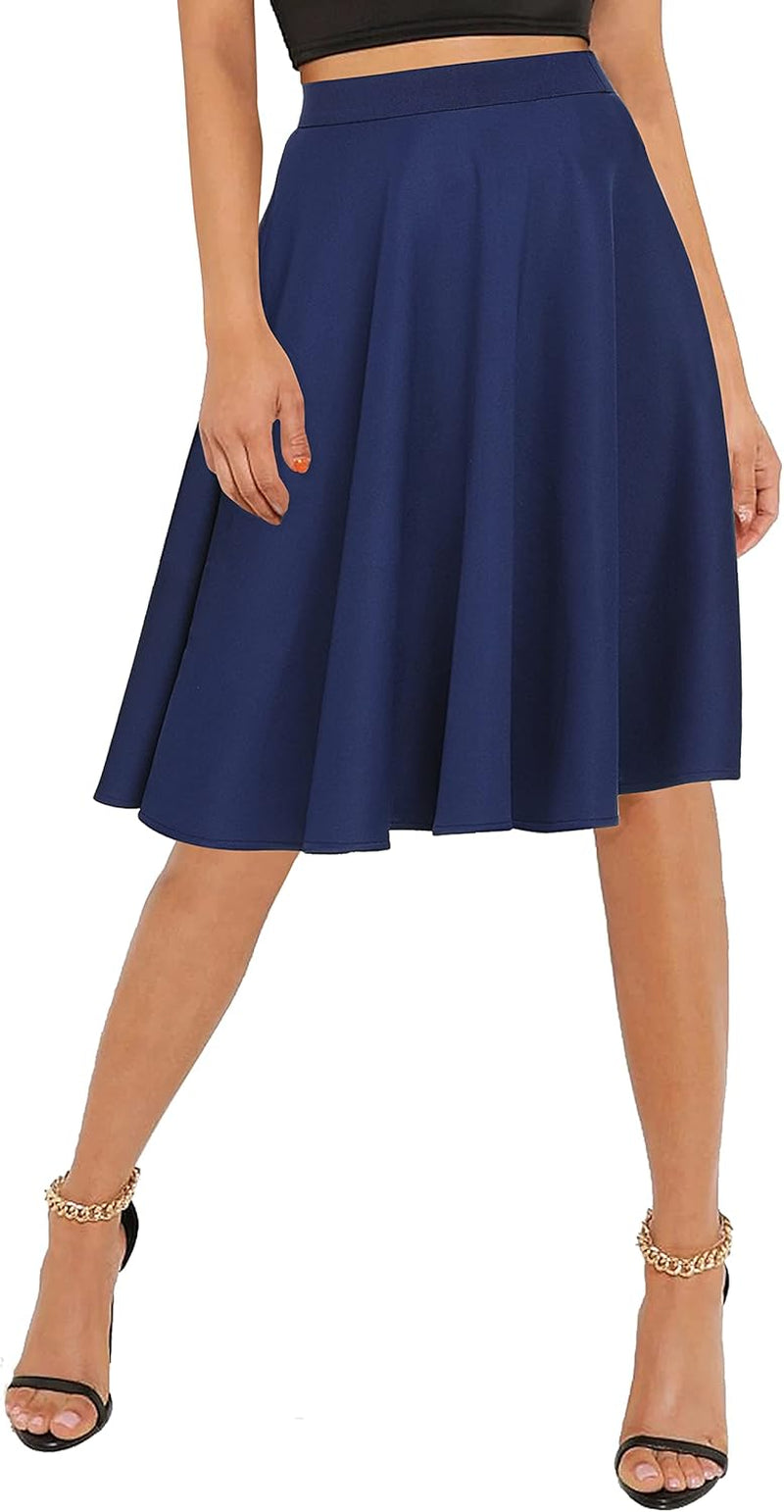 Women'S Basic Elastic Waist A-Line Solid Flared Midi Skirt