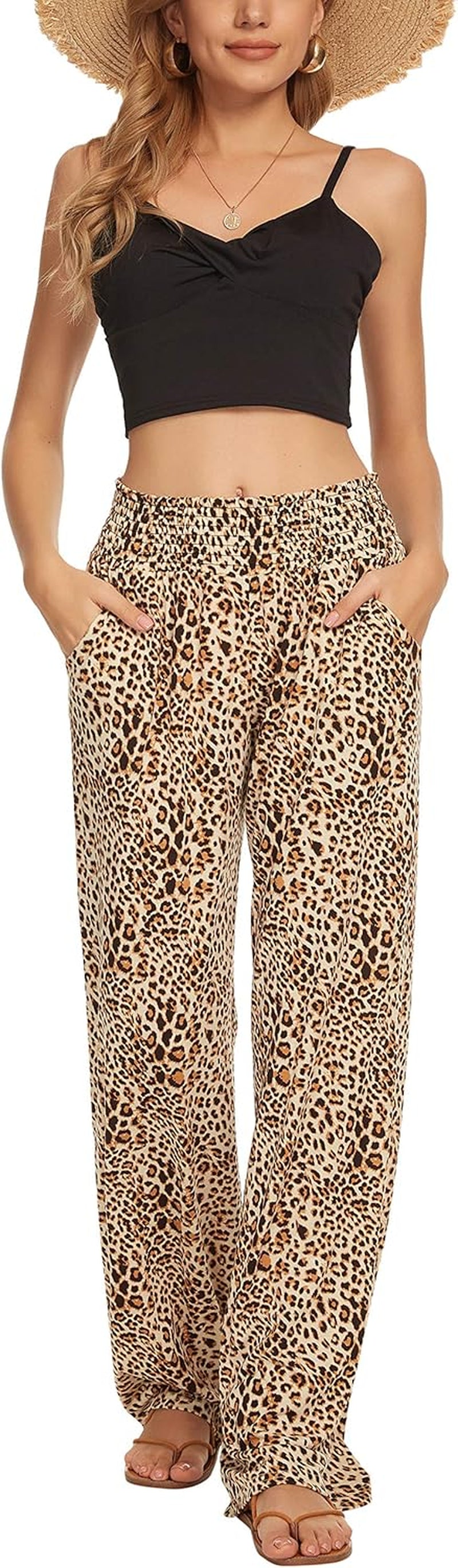 Women'S Boho Palazzo Pants Wide Leg Beach Pants High Waisted Lounge Pants with Pockets