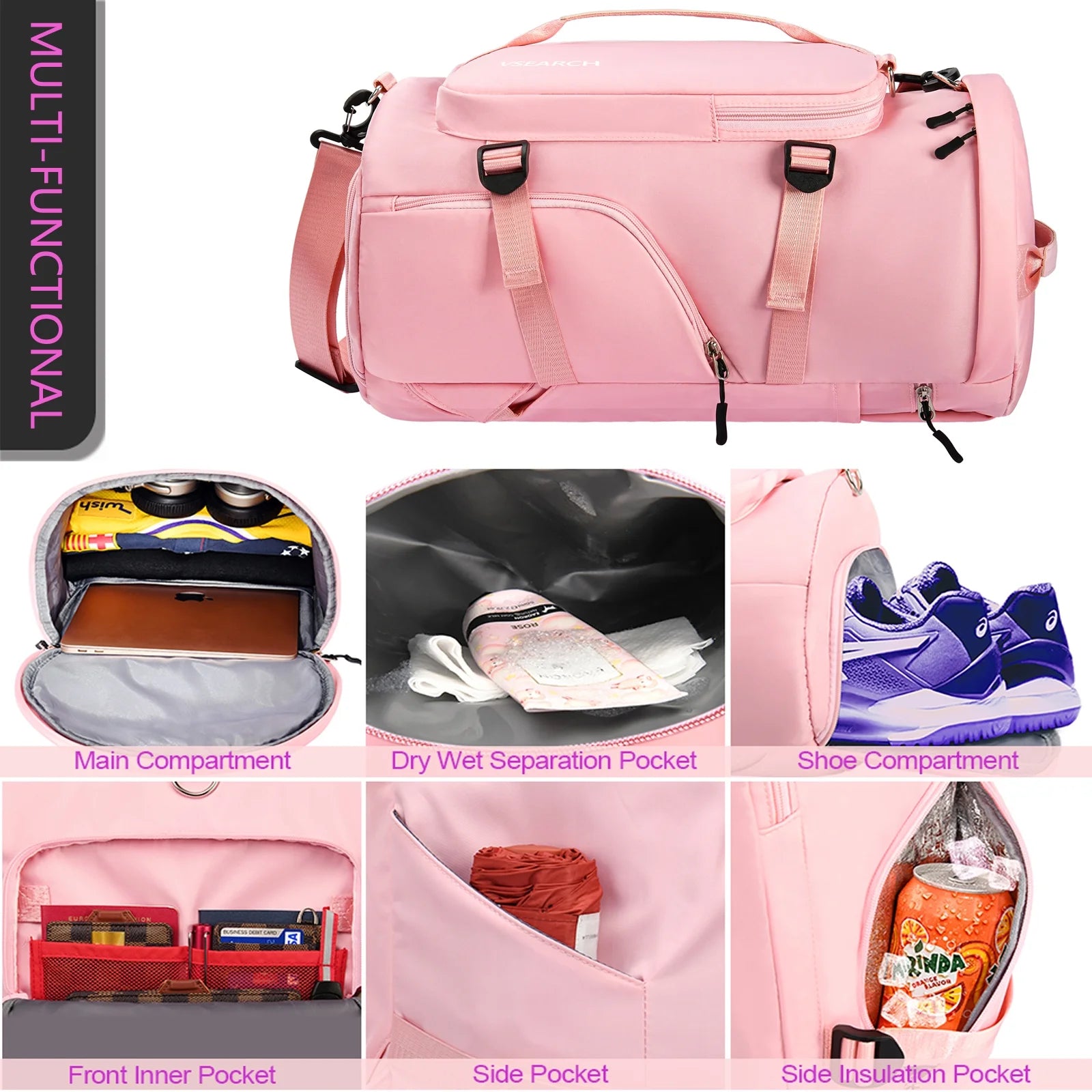 Gym Bag for Women, Sports Duffle Backpack with Shoes Compartment, Overnight Travel Weekender Bag Carry on Backpack with Side Zippered Dry Wet Separated Bag Pink