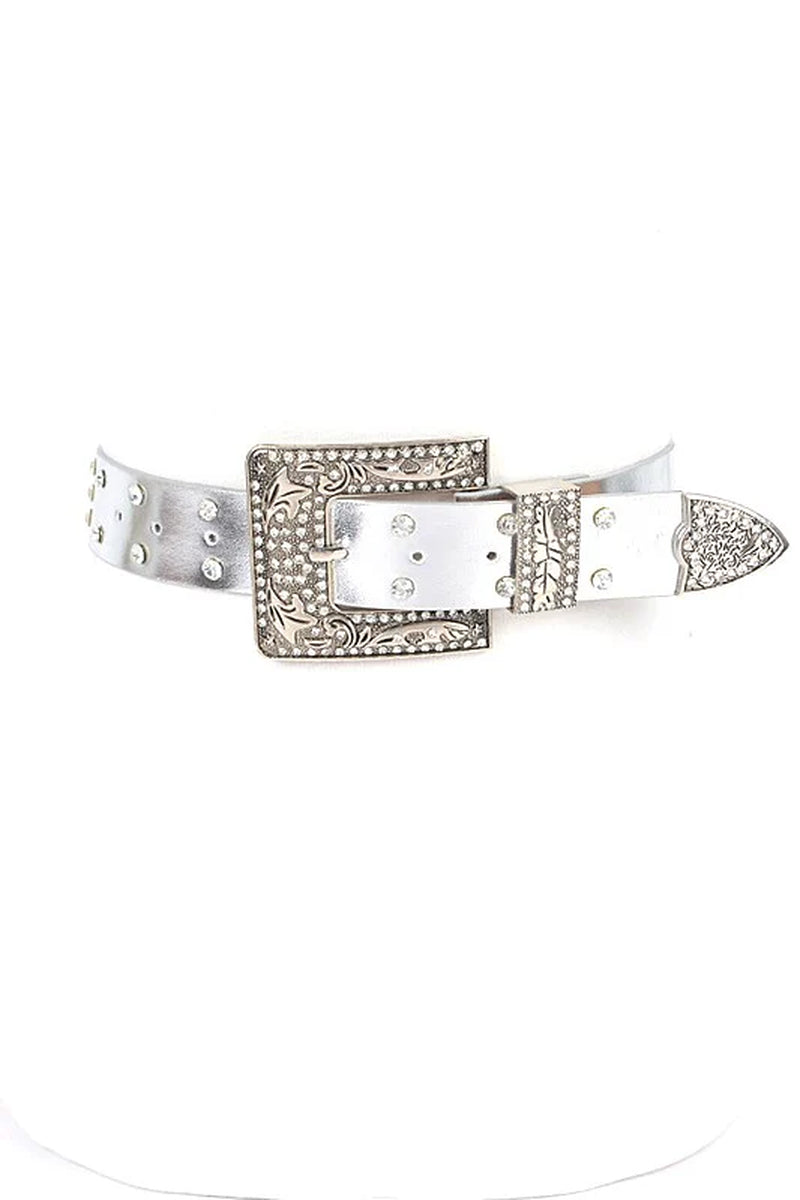 Engraved Buckle Crystal Metallic Belt