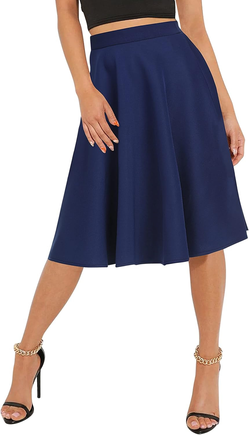 Women'S Basic Elastic Waist A-Line Solid Flared Midi Skirt