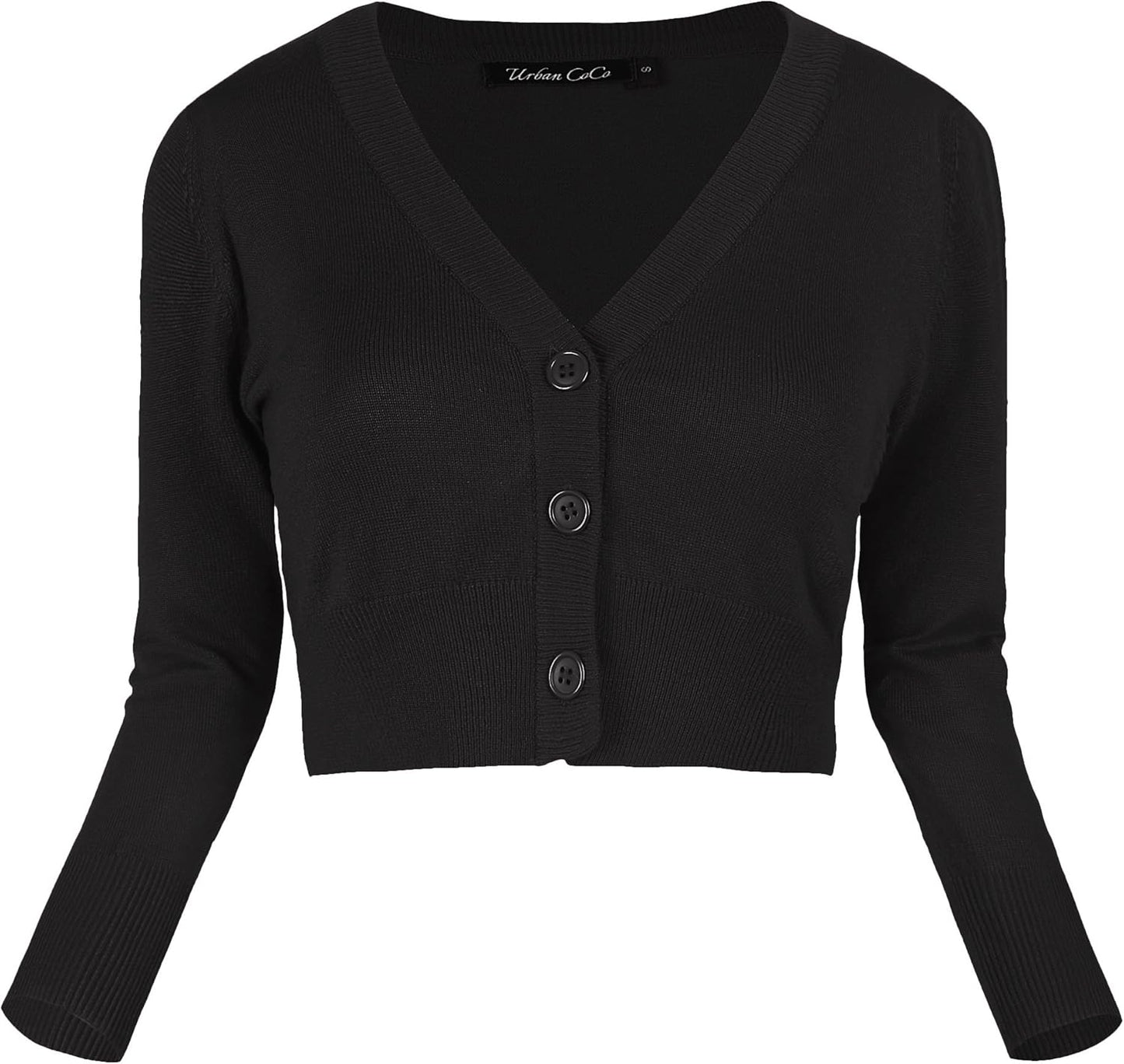 Women'S Cropped Cardigan V-Neck Button down Knitted Sweater 3/4 Sleeve