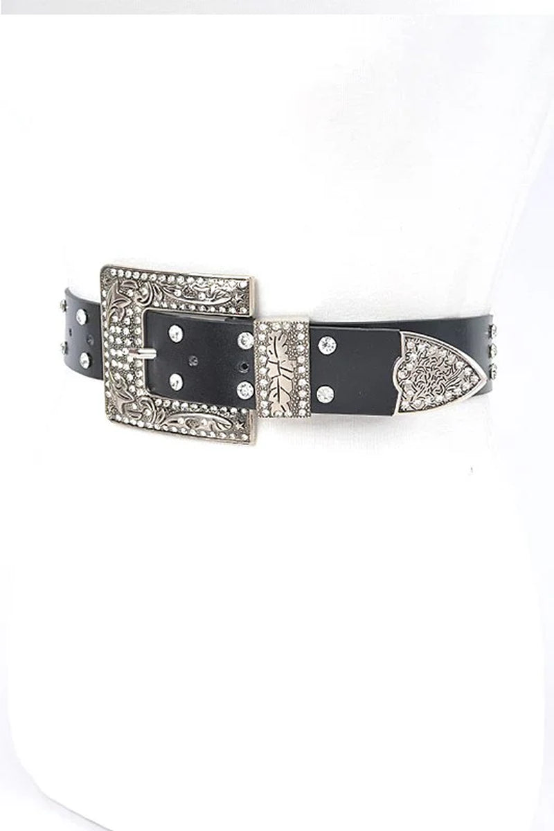 Engraved Buckle Crystal Metallic Belt