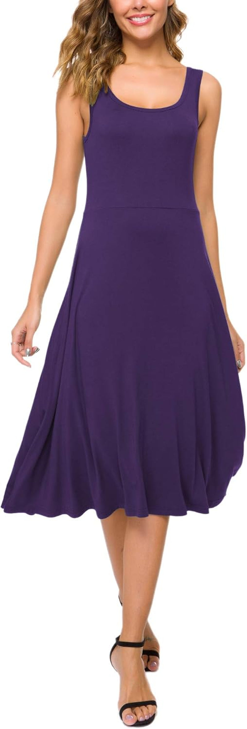 Women'S U-Neck Sleeveless Flared Midi Dress Summer Swing T-Shirt Dresses