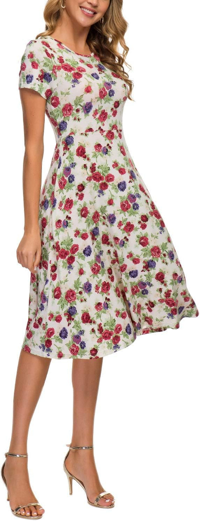 Women'S Floral Print Short Sleeve Flared Midi Dress