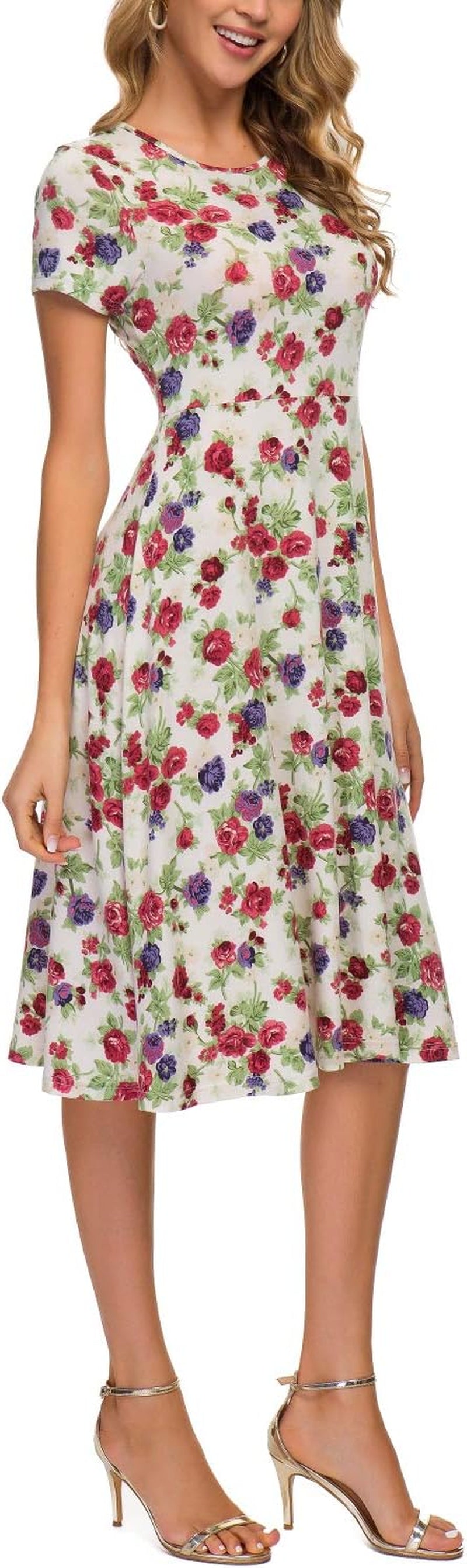Women'S Floral Print Short Sleeve Flared Midi Dress