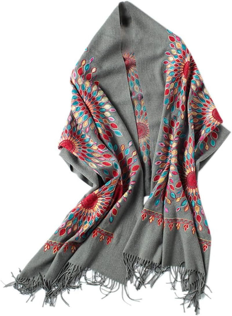 Women'S Embroidered Oversize Tassel Shawl Scarf Wraps for Women