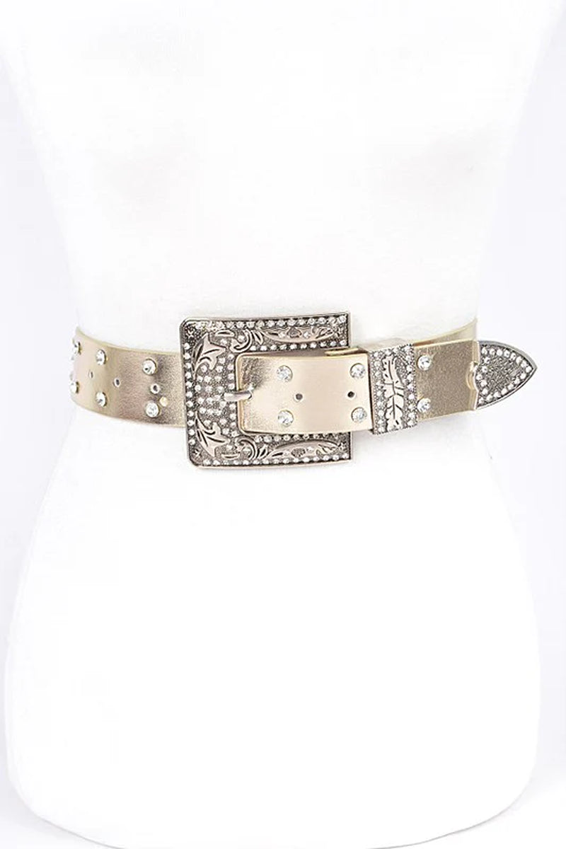 Engraved Buckle Crystal Metallic Belt