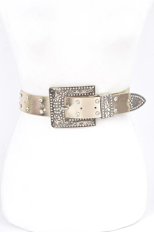 Engraved Buckle Crystal Metallic Belt