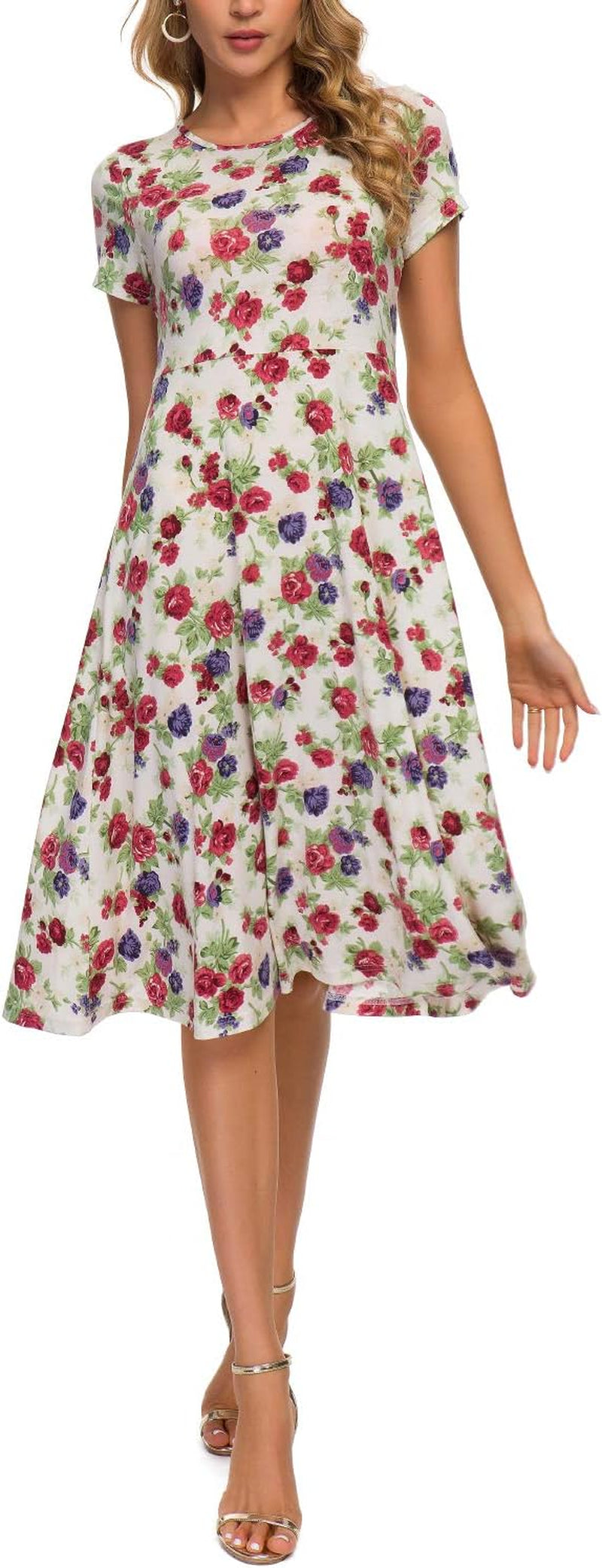 Women'S Floral Print Short Sleeve Flared Midi Dress