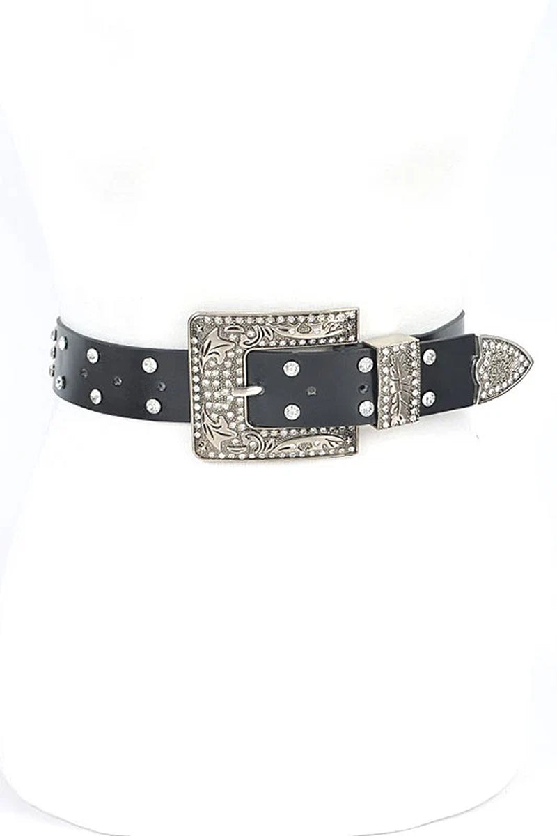 Engraved Buckle Crystal Metallic Belt