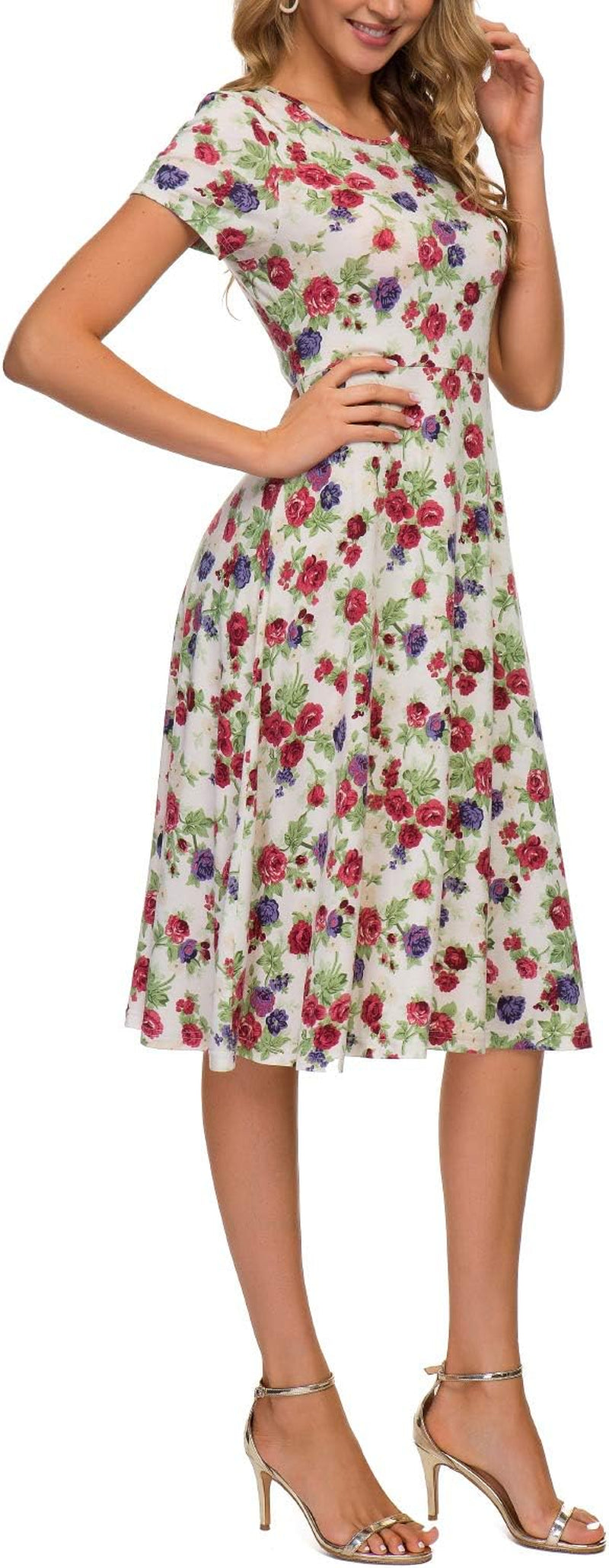 Women'S Floral Print Short Sleeve Flared Midi Dress