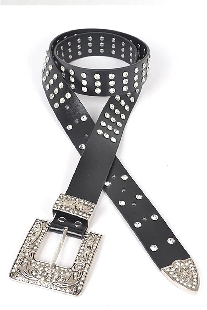 Engraved Buckle Crystal Metallic Belt