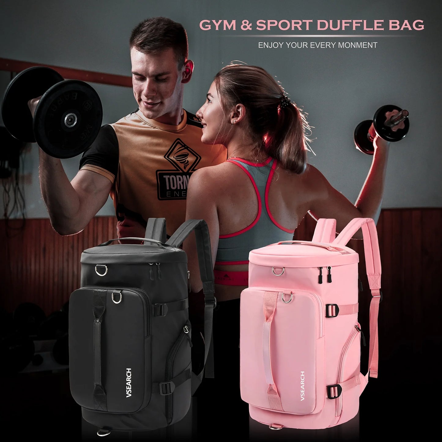 Gym Bag for Women, Sports Duffle Backpack with Shoes Compartment, Overnight Travel Weekender Bag Carry on Backpack with Side Zippered Dry Wet Separated Bag Pink