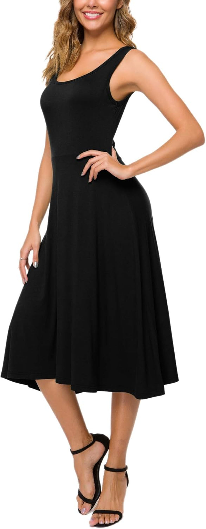 Women'S U-Neck Sleeveless Flared Midi Dress Summer Swing T-Shirt Dresses