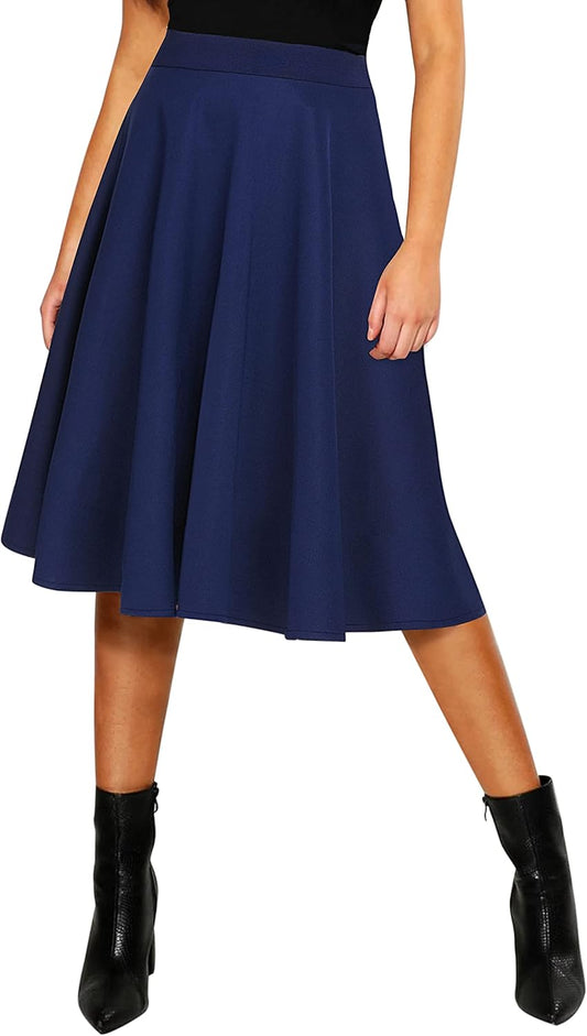 Women'S Basic Elastic Waist A-Line Solid Flared Midi Skirt