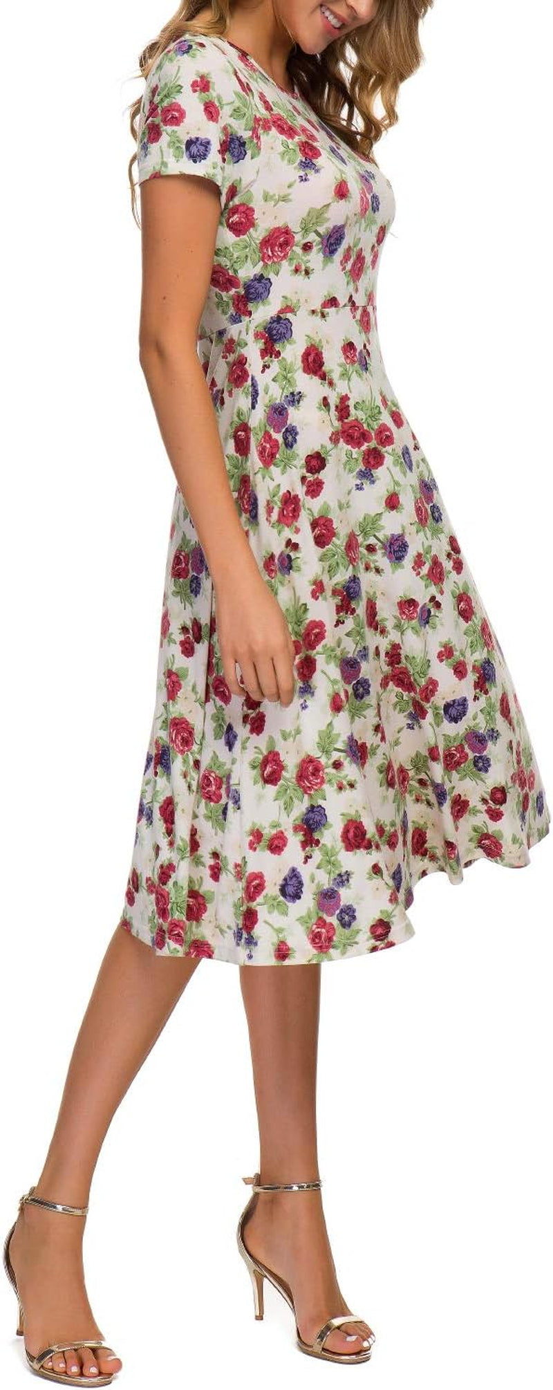 Women'S Floral Print Short Sleeve Flared Midi Dress