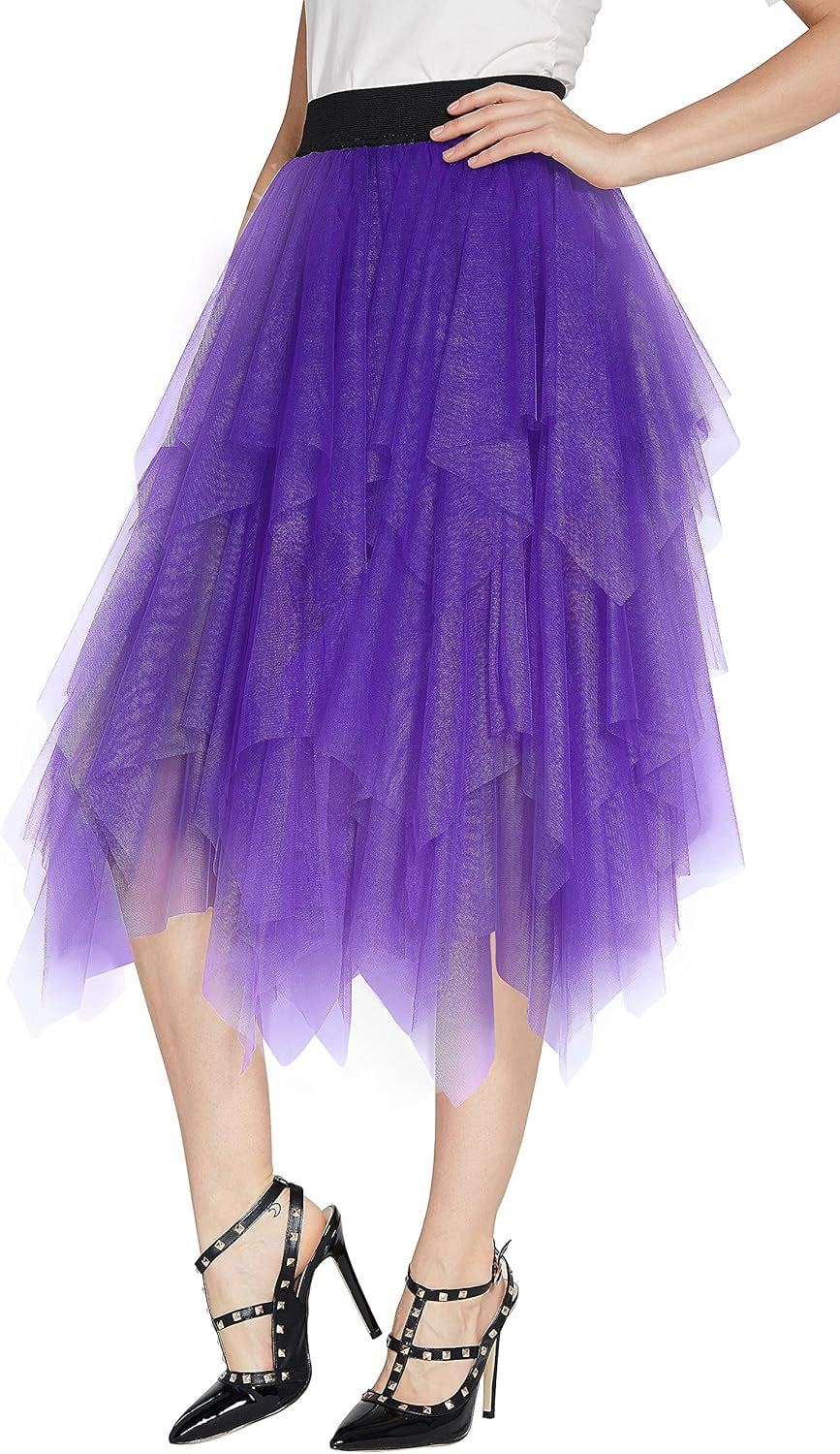 Women'S A-Line Mesh Tutu Skirt Fluffy Layered Tulle Midi Long Skirts with Elastic Waist
