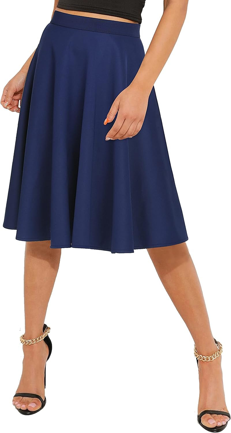 Women'S Basic Elastic Waist A-Line Solid Flared Midi Skirt