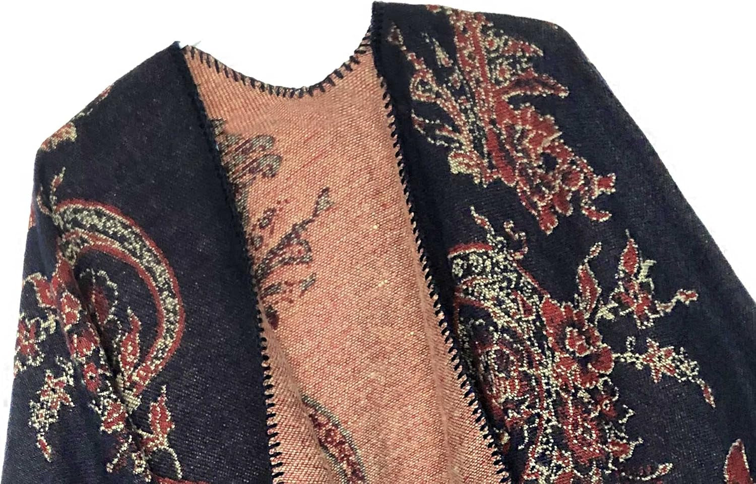 Women'S Color Block Shawl Wrap Open Front Poncho Cape