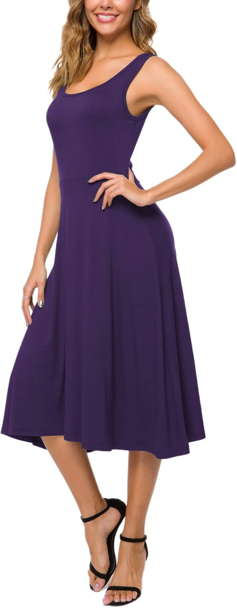 Women'S U-Neck Sleeveless Flared Midi Dress Summer Swing T-Shirt Dresses