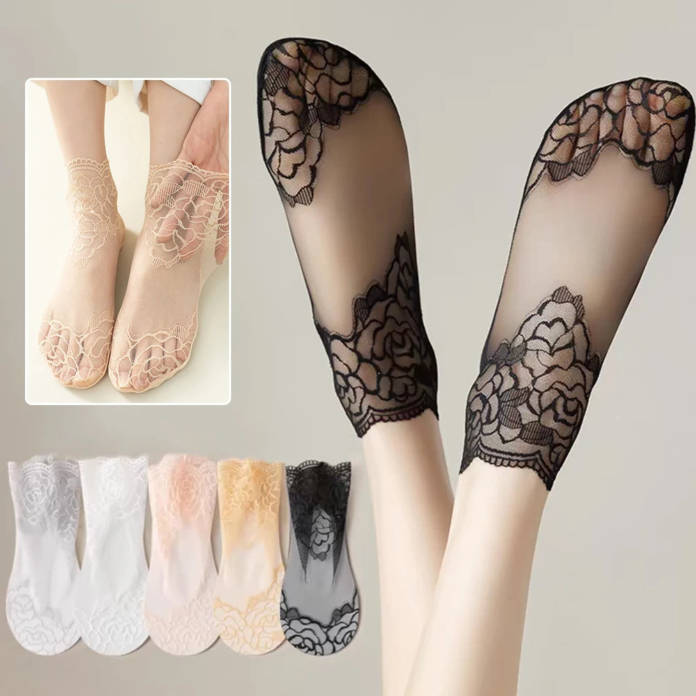 Summer Woman Lace Socks Flower Hollow Out Hosiery Breathable Cool Mesh Socks for Female Thin Transparent Foot Socks Ankle Socks
