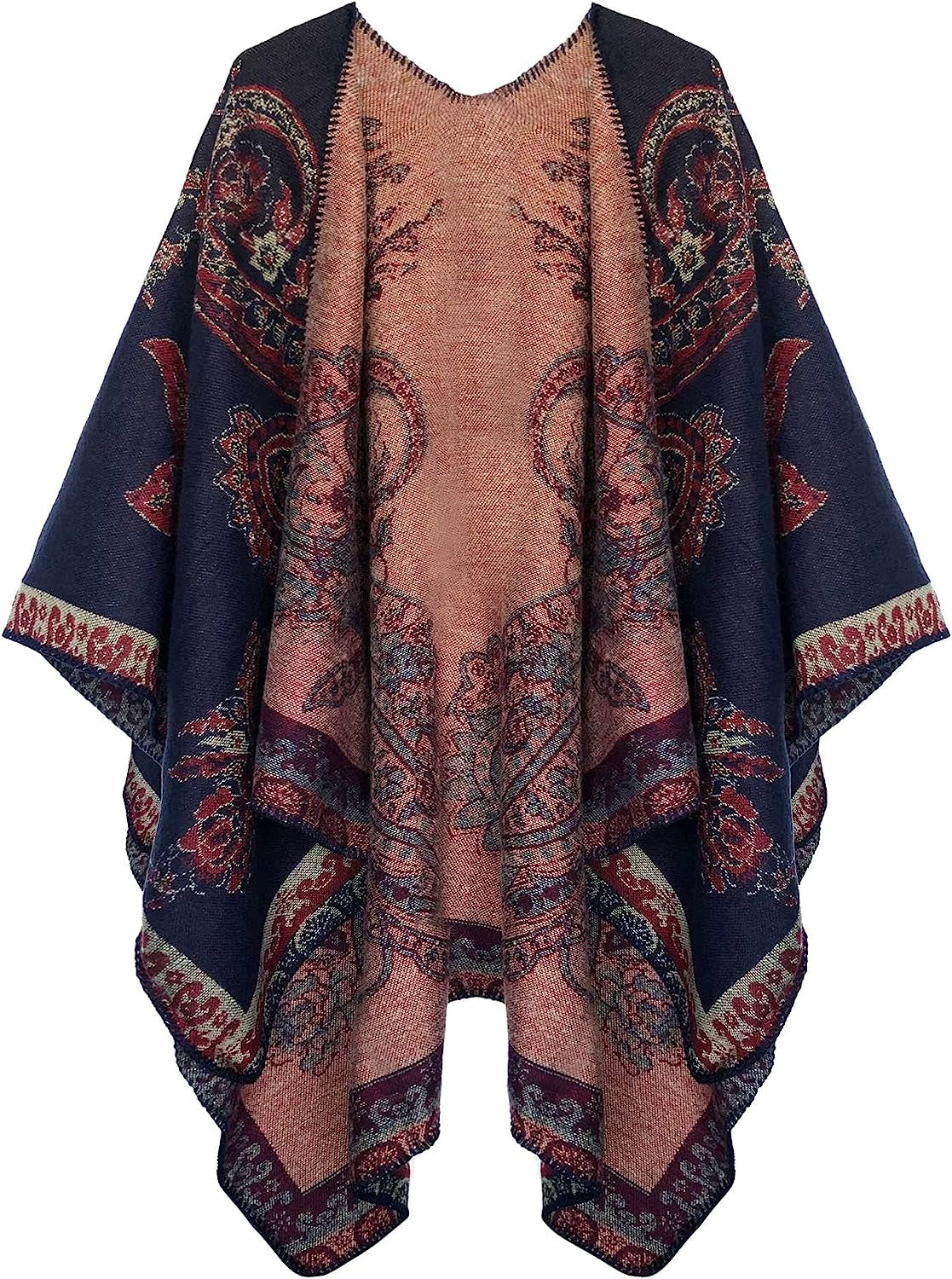 Women'S Color Block Shawl Wrap Open Front Poncho Cape