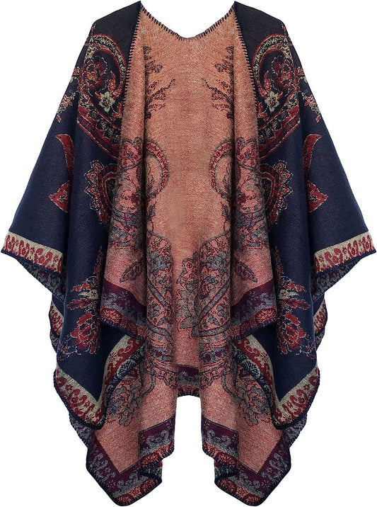 Women'S Color Block Shawl Wrap Open Front Poncho Cape