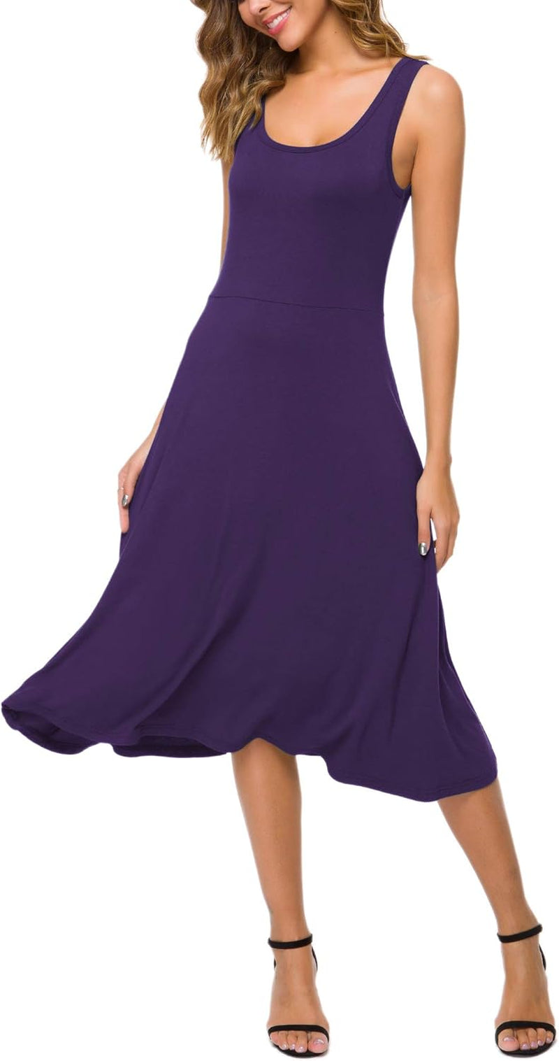 Women'S U-Neck Sleeveless Flared Midi Dress Summer Swing T-Shirt Dresses